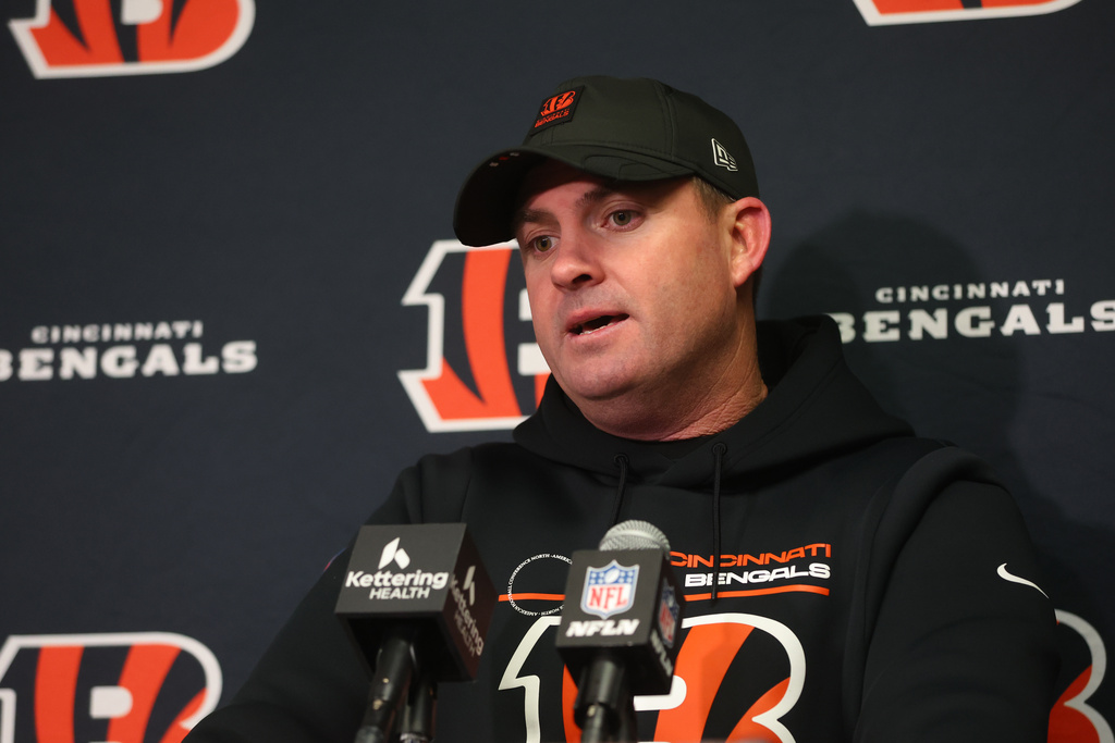 Cincinnati Bengals head coach Zac Taylor speaks during a news conference after an NFL football game against the Buffalo Bills, Sunday, Dec. 7, 2025, in Orchard Park, N.Y. (AP Photo/Jeffrey T. Barnes)
