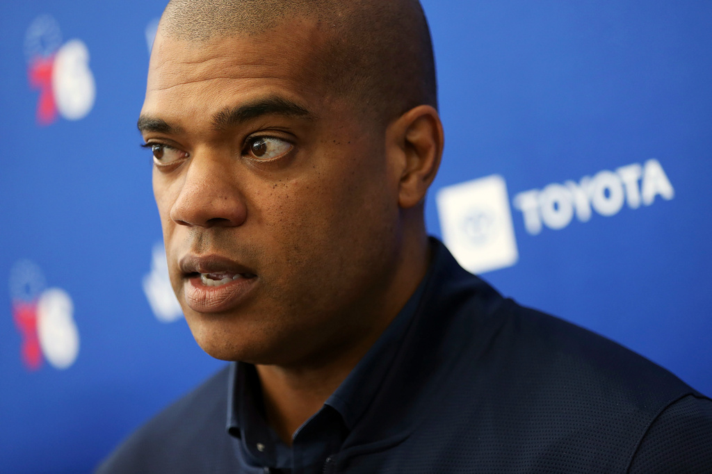 FILE - Philadelphia 76ers NBA basketball team executive Marc Eversley speaks during a pre-draft workout at the Sixers Training Complex, on June 13, 2019, in Camden, N.J. (Tim Tai/The Philadelphia Inquirer via AP, File)