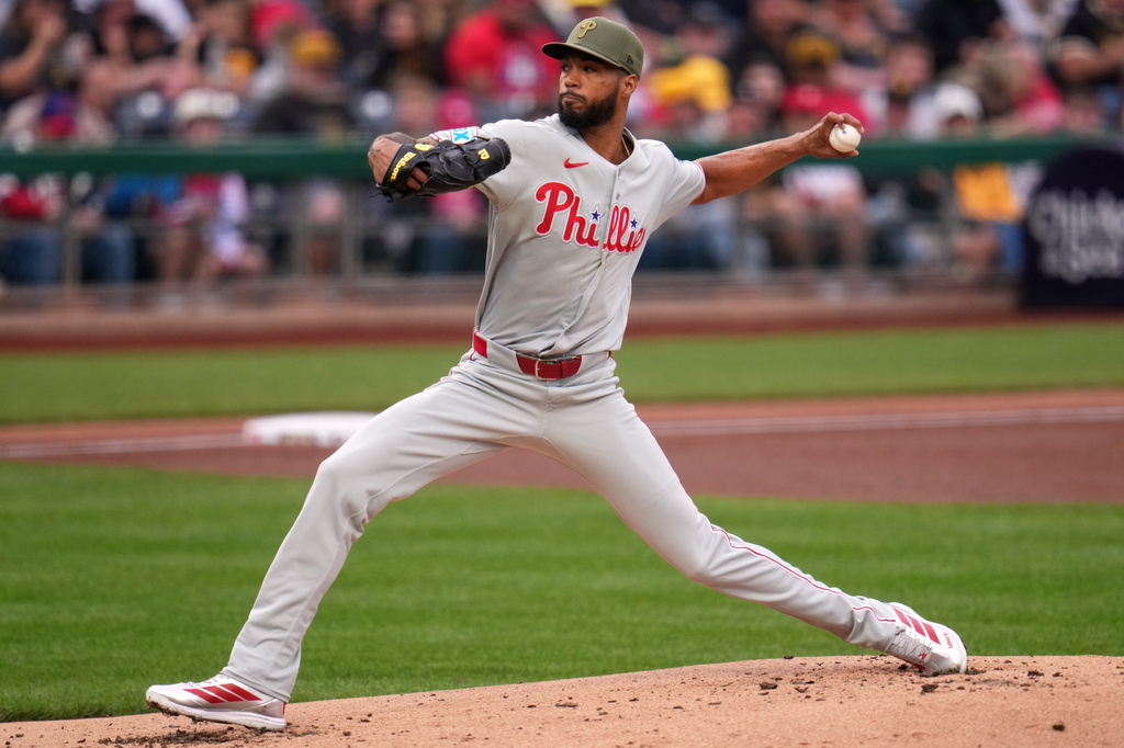 Philadelphia Phillies pitcher Cristopher Sanchez delivers during the first inning of a baseball game against the Pittsburgh Pirates in Pittsburgh, Saturday, May 16, 2026. (AP Photo/Gene J. Puskar)