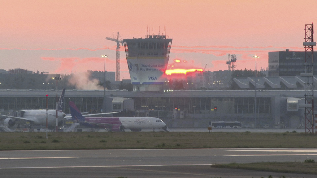 This image made from video shows airplanes parked at Chopin Airport in Warsaw, Poland, Wednesday, Sept. 10, 2025. (AP Photo)
