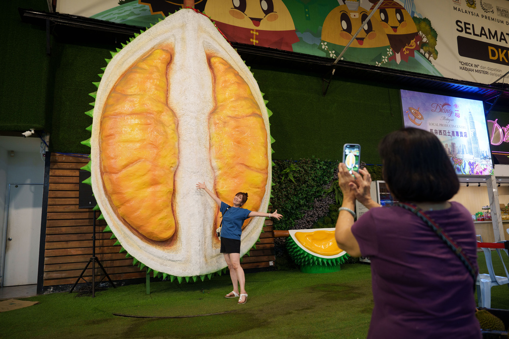 A customer poses beside a giant durian display at a durian stall in Petaling Jaya, on the outskirts of Kuala Lumpur, Malaysia, Monday, June 22, 2026. (AP Photo/Vincent Thian)