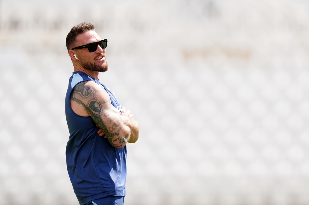 England head coach Brendon McCullum attends a nets session in Nottingham, England, Monday July 6, 2026. (David Davies/PA via AP)