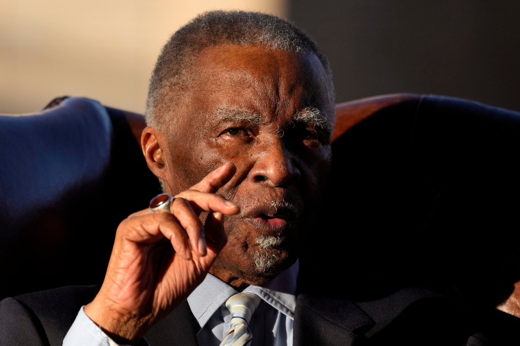 FILE - South Africa's former president Thabo Mbeki speaks, during his Reflections on the 30 years of democracy at Freedom Park, in Pretoria, South Africa, Tuesday, April 30, 2024. (AP Photo/Themba Hadebe, File)
