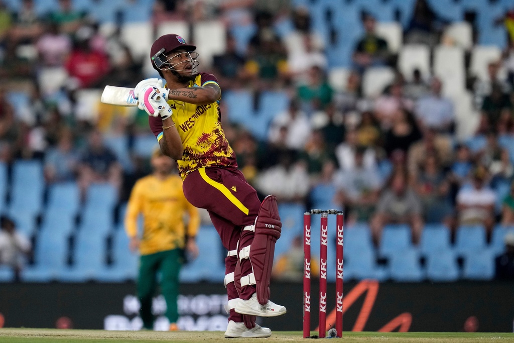 West Indies Shimron Hetmyer watches his shot during the T20 International cricket match between South Africa and West Indies, in Centurion, South Africa, Thursday, Jan. 29, 2026. (AP Photo/Themba Hadebe)