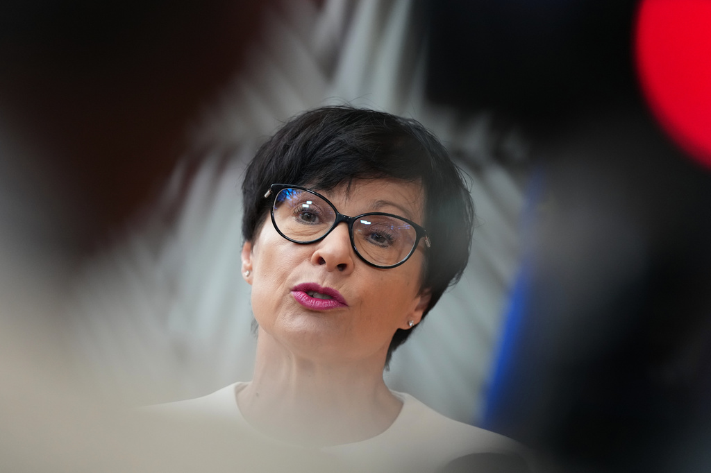 European Commissioner for Enlargement Marta Kos speaks with the media as she arrives for a meeting of EU foreign ministers at the European Council building in Brussels, Monday, May 11, 2026. (AP Photo/Virginia Mayo)