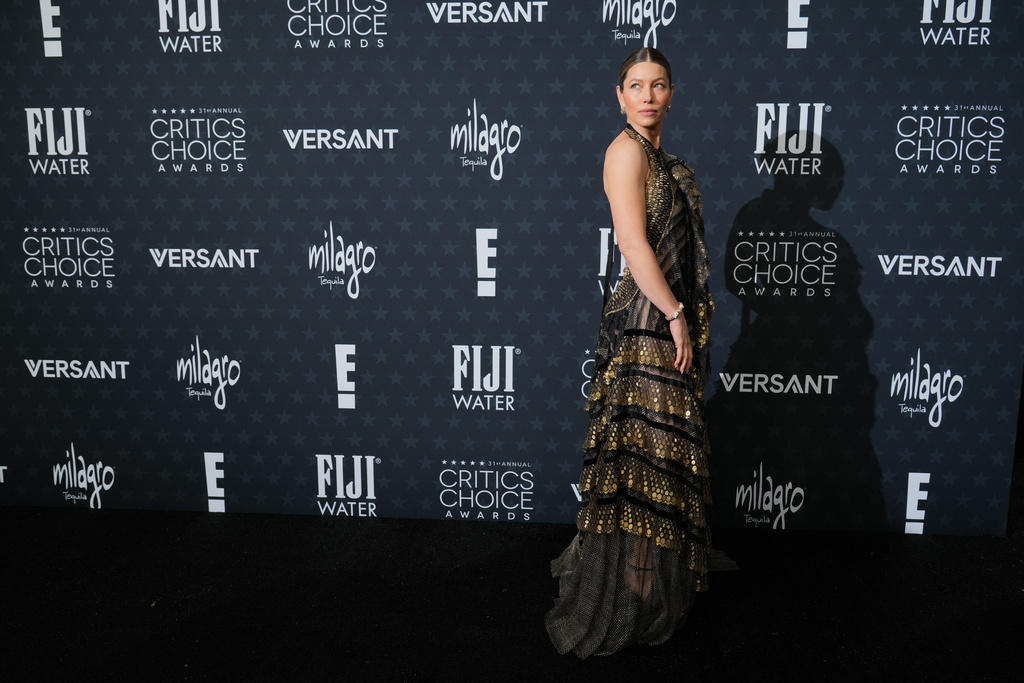 Jessica Biel arrives at the 31st Annual Critics Choice Awards on Sunday, Jan. 4, 2026, at The Barker Hanger in Santa Monica, Calif. (Photo by Jordan Strauss/Invision/AP)