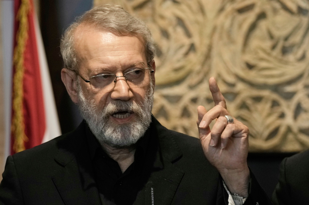 FILE -Iranian Secretary of Supreme National Security Council Ali Larijani, speaks during a press conference after his meeting with the Lebanese parliament speaker Nabih Berri, in Beirut, Lebanon, Aug. 13, 2025. (AP Photo/Bilal Hussein, File)