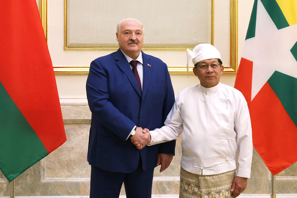 In this photo released by Belarusian presidential press service, Belarusian President Alexander Lukashenko and Myanmar's Military leader Senior Gen. Min Aung Hlaing, right, seen during their meeting in Naypyitaw, Myanmar, Friday, Nov. 28, 2025 (Belarusian Presidential Press Service via AP)