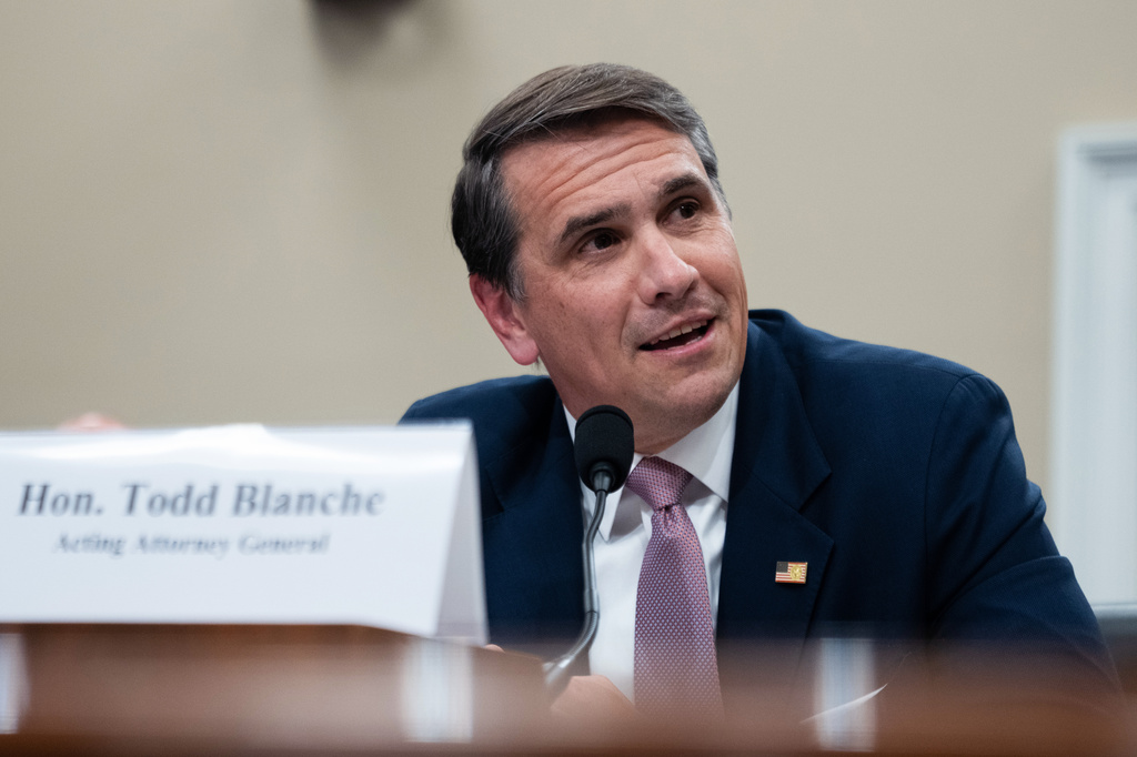 Acting Attorney General Todd Blanche testifies before the House Appropriations Committee, Tuesday, June 2, 2026 in Washington. (AP Photo/Allison Robbert)