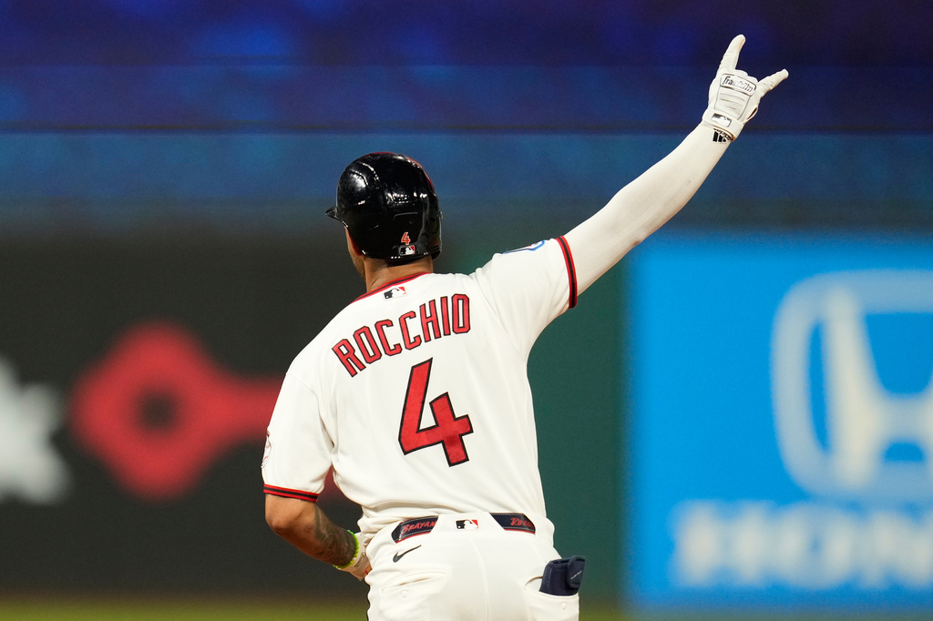 Cleveland Guardians' Brayan Rocchio celebrates as he runs the bases after hitting a game winning home run in the ninth inning of a baseball game against the Chicago White Sox in Cleveland, Thursday, July 2, 2026. (AP Photo/Sue Ogrocki)