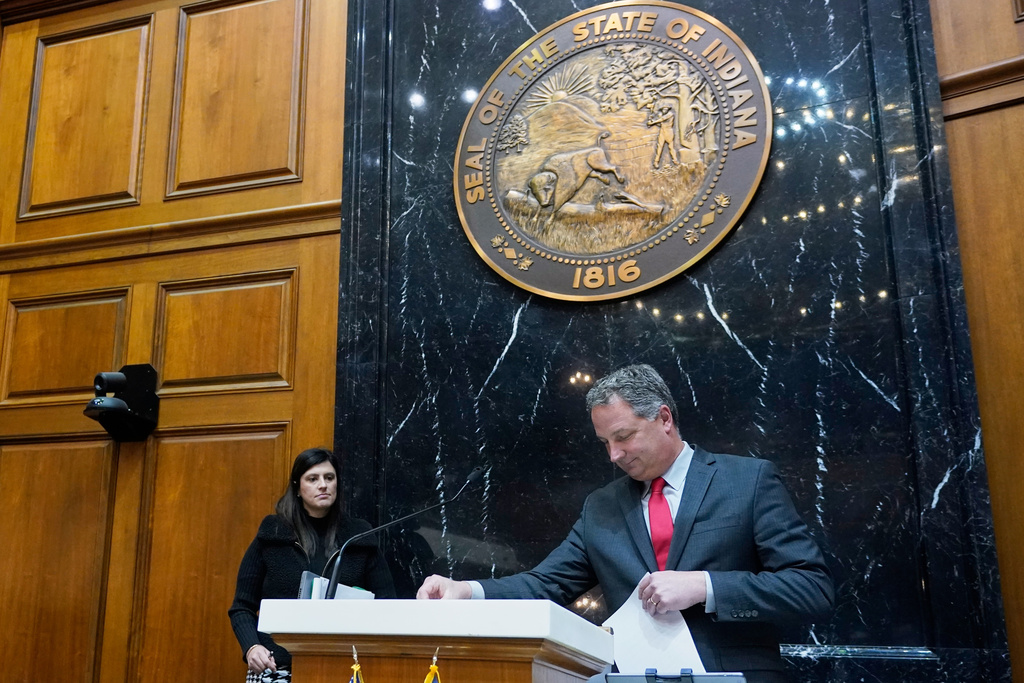 FILE - Indiana Republican House Speaker Todd Huston leaves the podium in the house chamber at the Statehouse, Jan. 8, 2024, in Indianapolis. (AP Photo/Darron Cummings, File)