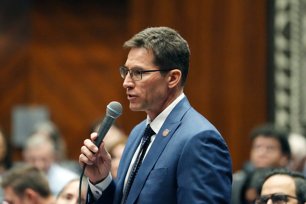 Former Arizona Rep. Joseph Chaplik, R-Scottsdale, who is running for the Republican nomination for the 1st Congressional District in the upcoming primary election, speaks at the opening of the Arizona legislature, Monday, Jan. 12, 2026, in Phoenix. (AP Photo/Ross D. Franklin)