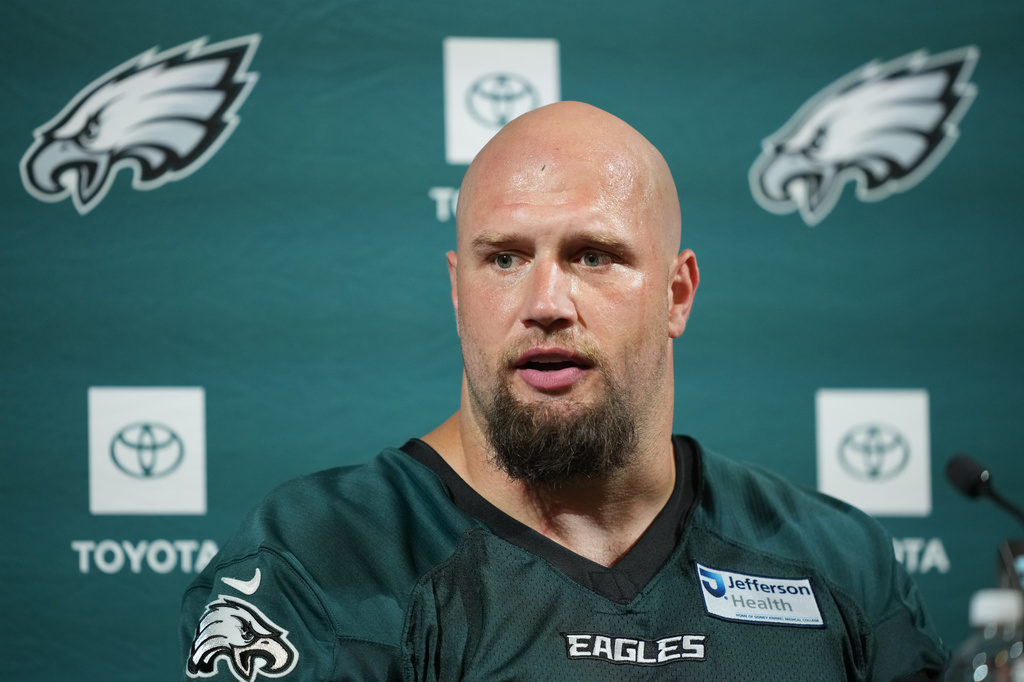 FILE - Philadelphia Eagles' Lane Johnson speaks during a news conference at the NFL football team's training facility, Tuesday, June 9, 2026, in Philadelphia. (AP Photo/Matt Rourke, File)