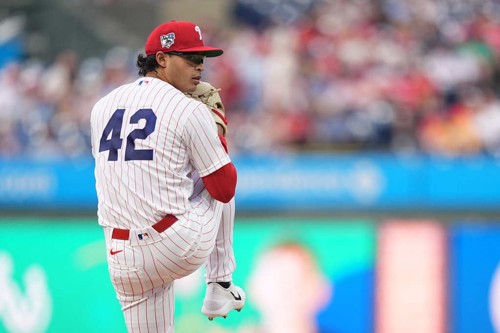 Philadelphia Phillies' Jesus Luzardo pitches during the first inning of a baseball game against the Chicago Cubs, Wednesday, April 15, 2026, in Philadelphia. (AP Photo/Matt Rourke)
