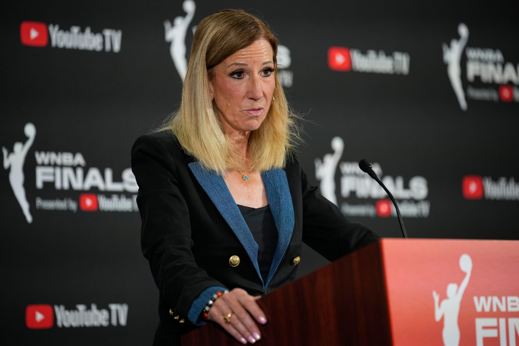 WNBA commissioner Cathy Engelbert speaks prior to Game 1 of a WNBA basketball final playoff series between the Las Vegas Aces and the Phoenix Mercury, Friday, Oct. 3, 2025, in Las Vegas. (AP Photo/John Locher)