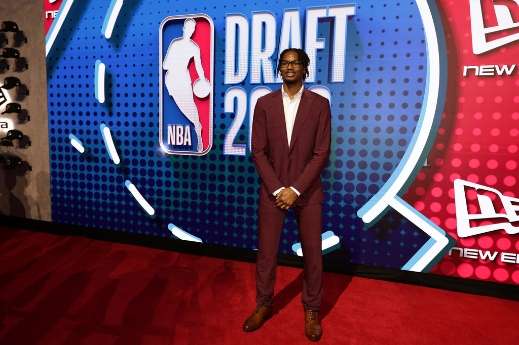 Morez Johnson Jr. arrives for the first round of the NBA basketball draft Tuesday, June 23, 2026, in New York. (AP Photo/Adam Hunger)