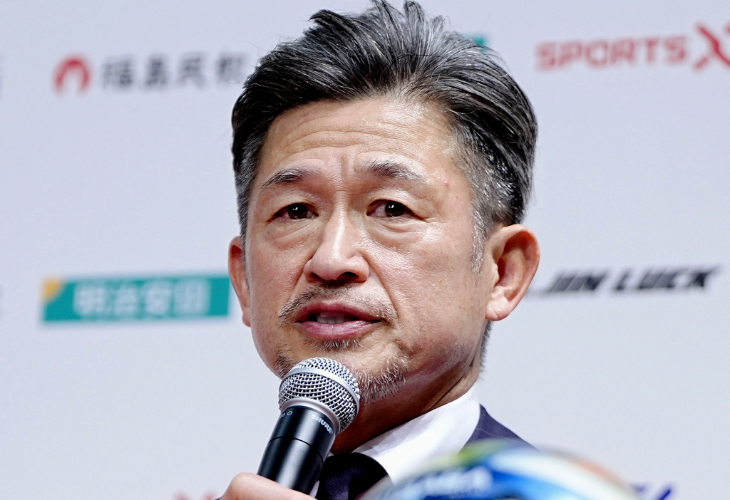 Japanese soccer player Kazuyoshi Miura speaks during a press conference as he joins third-division J-League team Fukushima United in Tokyo, Japan, Friday, Jan. 9, 2026. (Yuya Shino/Kyodo News via AP)