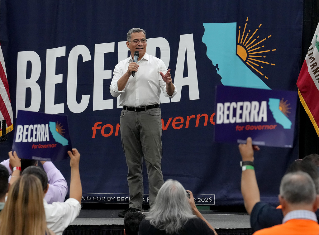 California gubernatorial candidate,Xavier Becerra, D-CA appears at a town hall meeting in Sacramento, Calif., Monday, May 11, 2026. (AP Photo/Rich Pedroncelli)