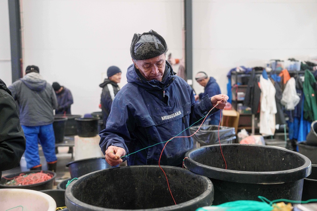 Fisherman Gerth Josefsen prepares fishing lines at the harbour of Nuuk, Greenland, Wednesday, Jan. 14, 2026. (AP Photo/Evgeniy Maloletka)