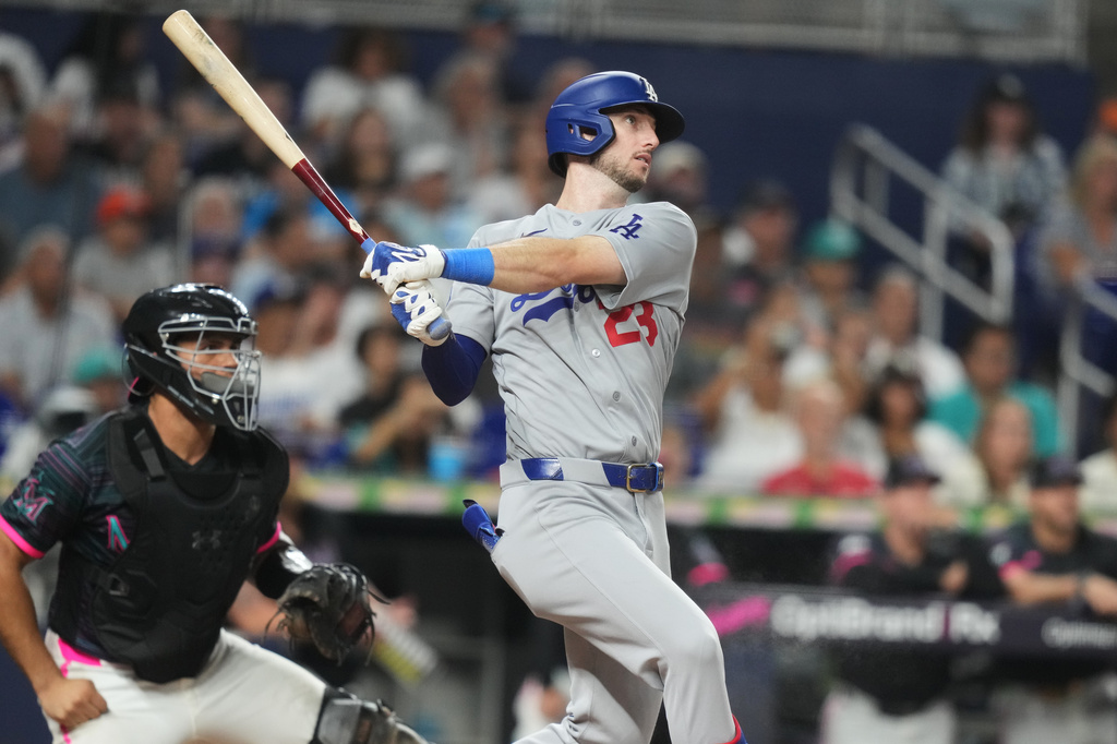 Los Angeles Dodgers' Kyle Tucker (23) follows through on a grand slam during the seventh inning of a baseball game against the Miami Marlins, Friday, Sept. 11, 2026, in Miami. (AP Photo/Lynne Sladky)