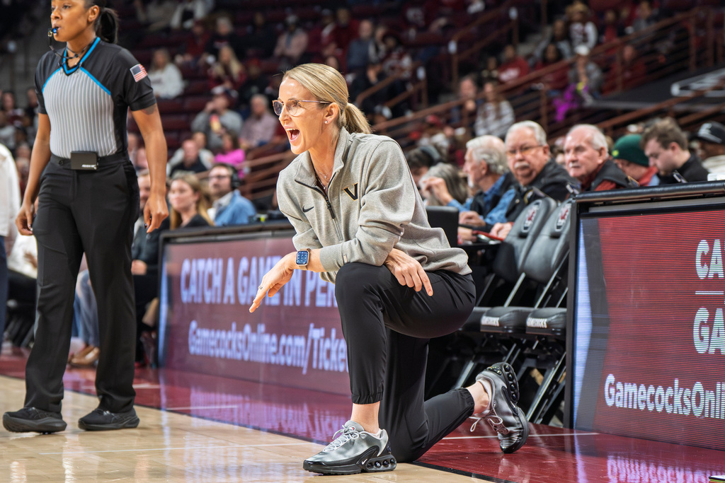 Vanderbilt head coach Shea Ralph gives instructions to her team during the first half of an NCAA college basketball game against South Carolina Sunday, Jan. 25, 2026, in Columbia, S.C. (AP Photo/David Yeazell)