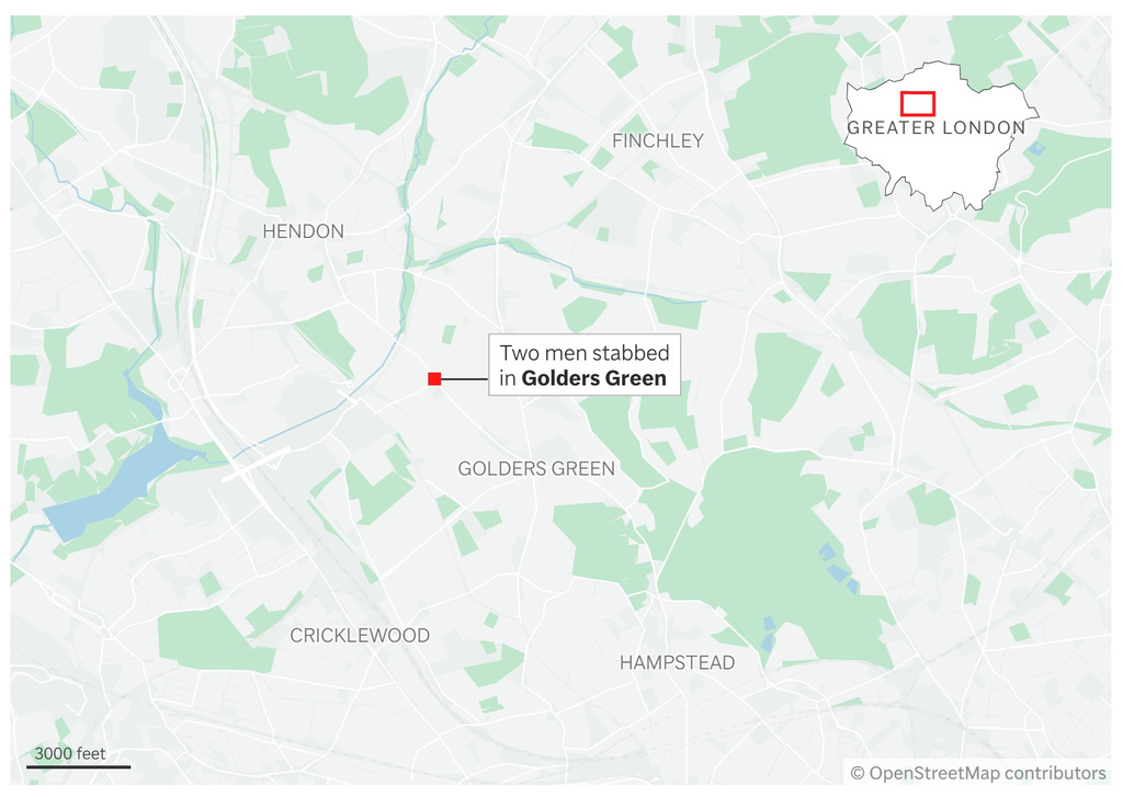 A map showing approximately where two men were stabbed in what authorities called an antisemitic attack. (AP Digital Embed)