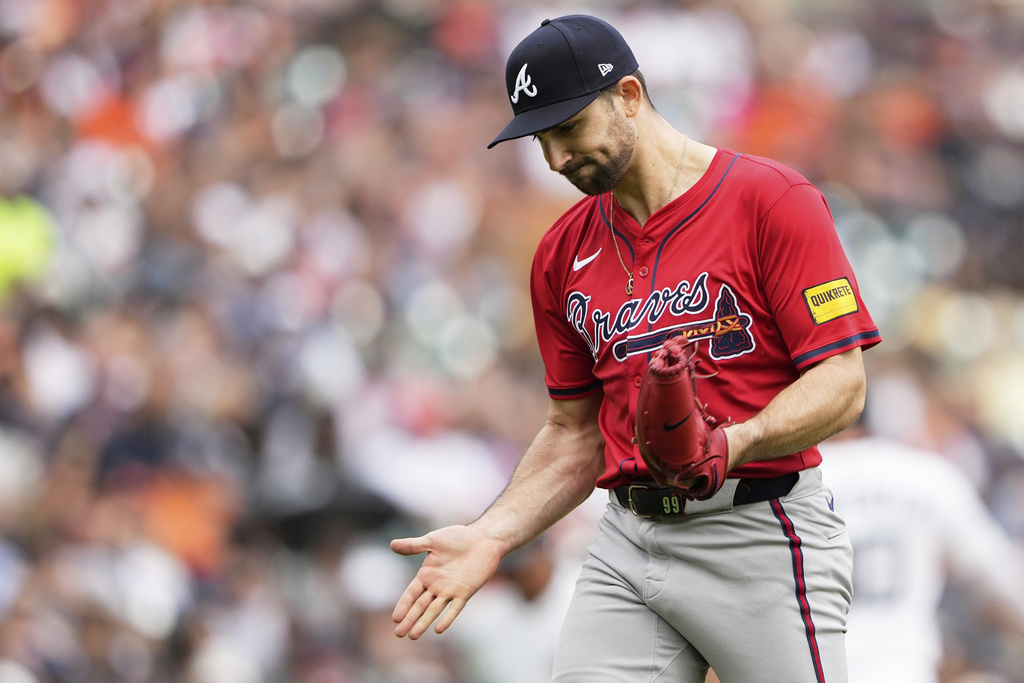 Atlanta Braves starting pitcher Spencer Strider celebrates after getting Detroit Tigers' Spencer Torkelson to strike out swinging to end the fifth inning of a baseball game, Sunday, Sept. 21, 2025, in Detroit. (AP Photo/Ryan Sun)