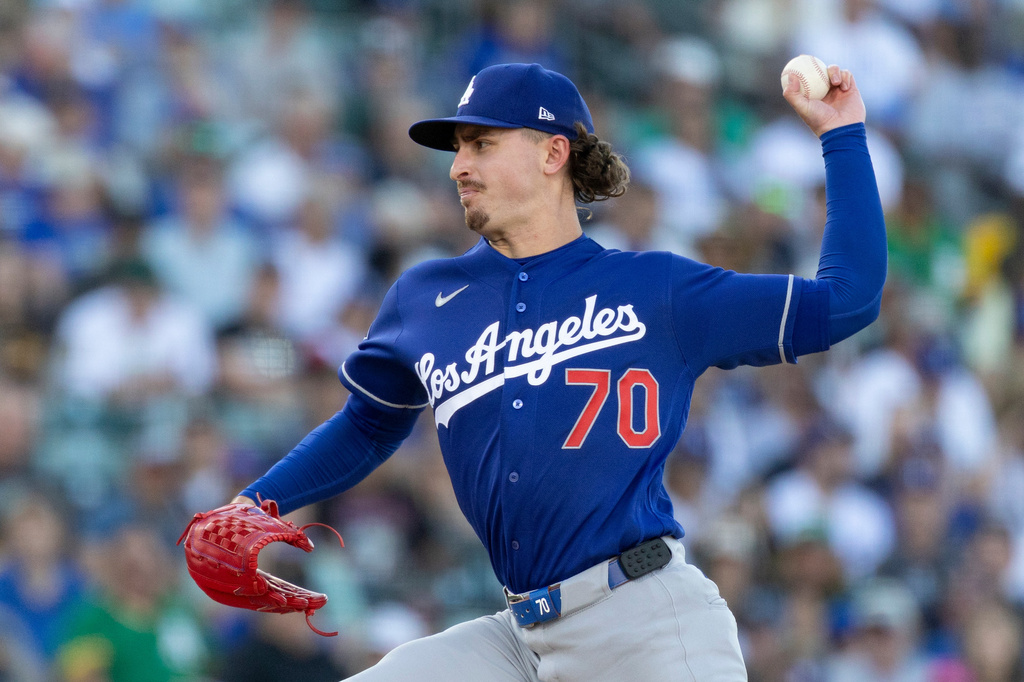 Los Angeles Dodgers pitcher Justin Wrobleski throws to the Athletics during the first inning of a baseball game Tuesday, June 30, 2026, in West Sacramento, Calif. (AP Photo/Sara Nevis)
