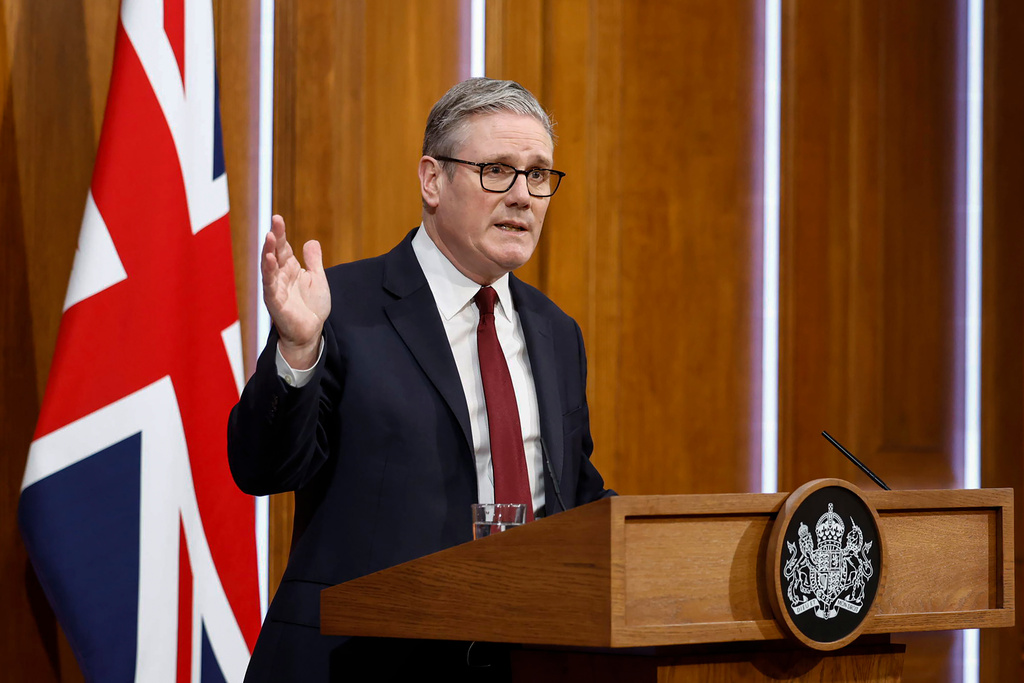 Britain's Prime Minister Keir Starmer speaks to the media at Downing Street, in London, March 16, 2026. (Brook Mitchell/Pool Photo via AP)