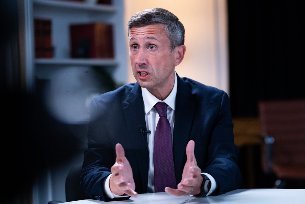Democratic National Committee chair Ken Martin speaks during an interview with The Associated Press at DNC headquarters, Monday, Jan. 12, 2026, in Washington. (AP Photo/Allison Robbert)