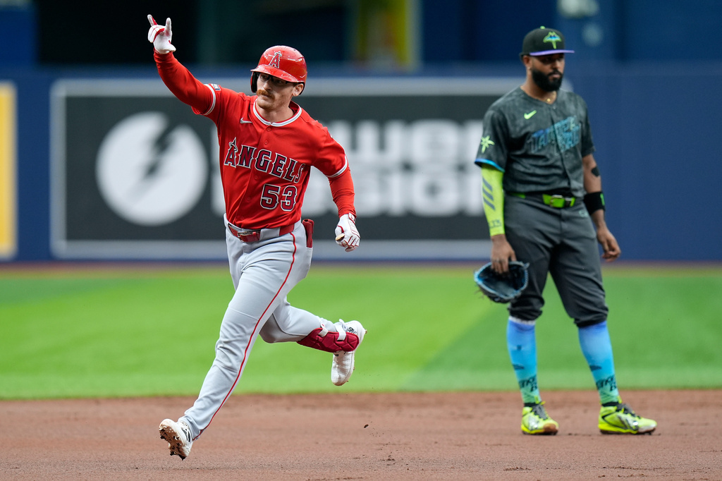 Los Angeles Angels' Wade Meckler (53) reacts after his grand slam off Tampa Bay Rays pitcher Drew Rasmussen during the first inning of a baseball game Saturday, May 30, 2026, in St. Petersburg, Fla. (AP Photo/Chris O'Meara)