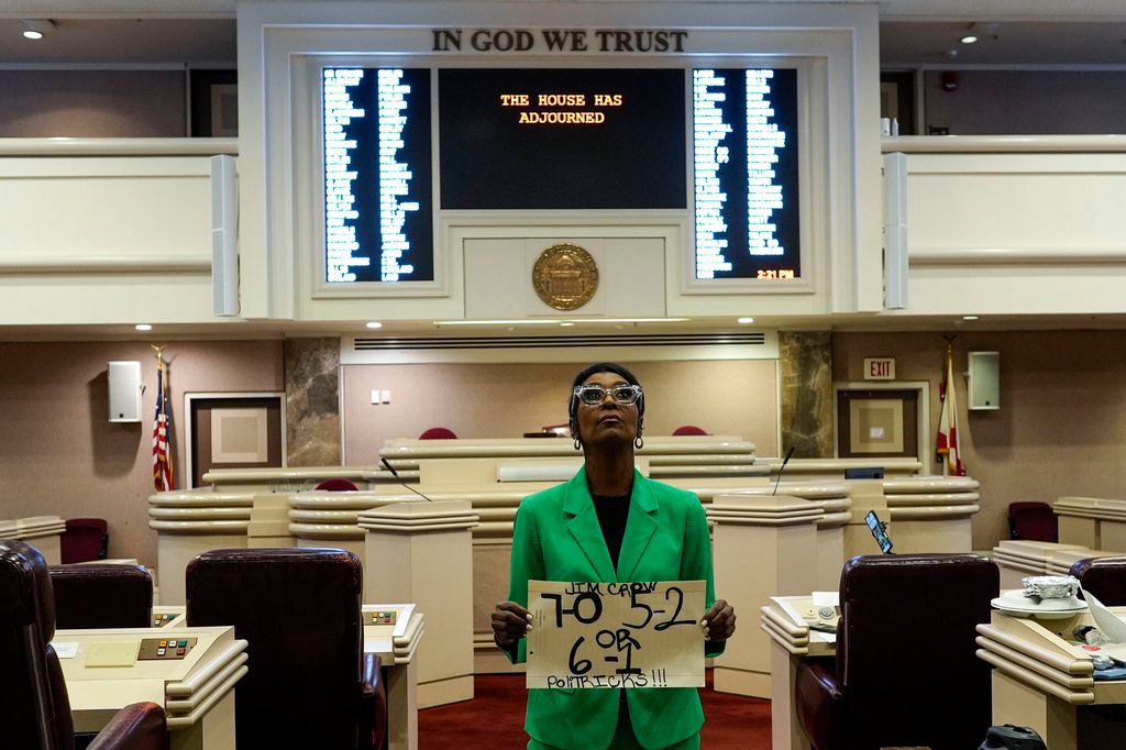 Democratic Alabama State Rep. Juandalynn Givan stands on the House floor after the body voted on HB 1, a redistricting bill, during a special session of the Alabama Legislature, Wednesday, May 6, 2026, in Montgomery, Ala. (AP Photo/Mike Stewart)