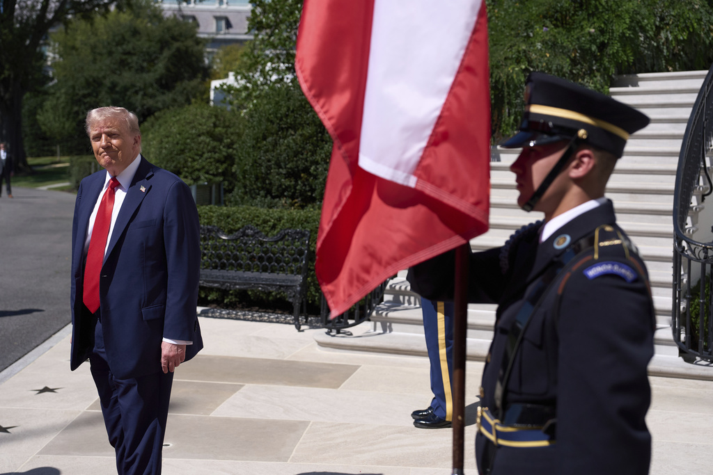 President Donald Trump waits for the arrival of Polish President Karol Nawrocki at the White House, Wednesday, Sept. 3, 2025, in Washington. (AP Photo/Evan Vucci)
