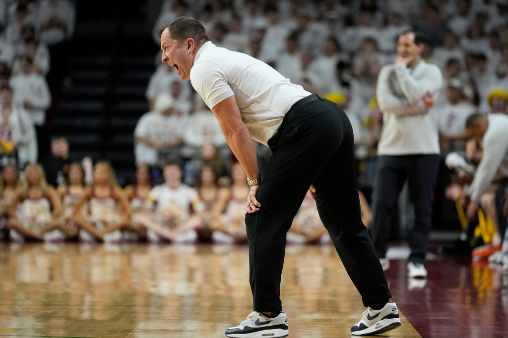 Iowa State head coach T.J. Otzelberger directs his team during the first half of an NCAA college basketball game against Baylor, Saturday, Feb. 7, 2026, in Ames, Iowa. (AP Photo/Charlie Neibergall)