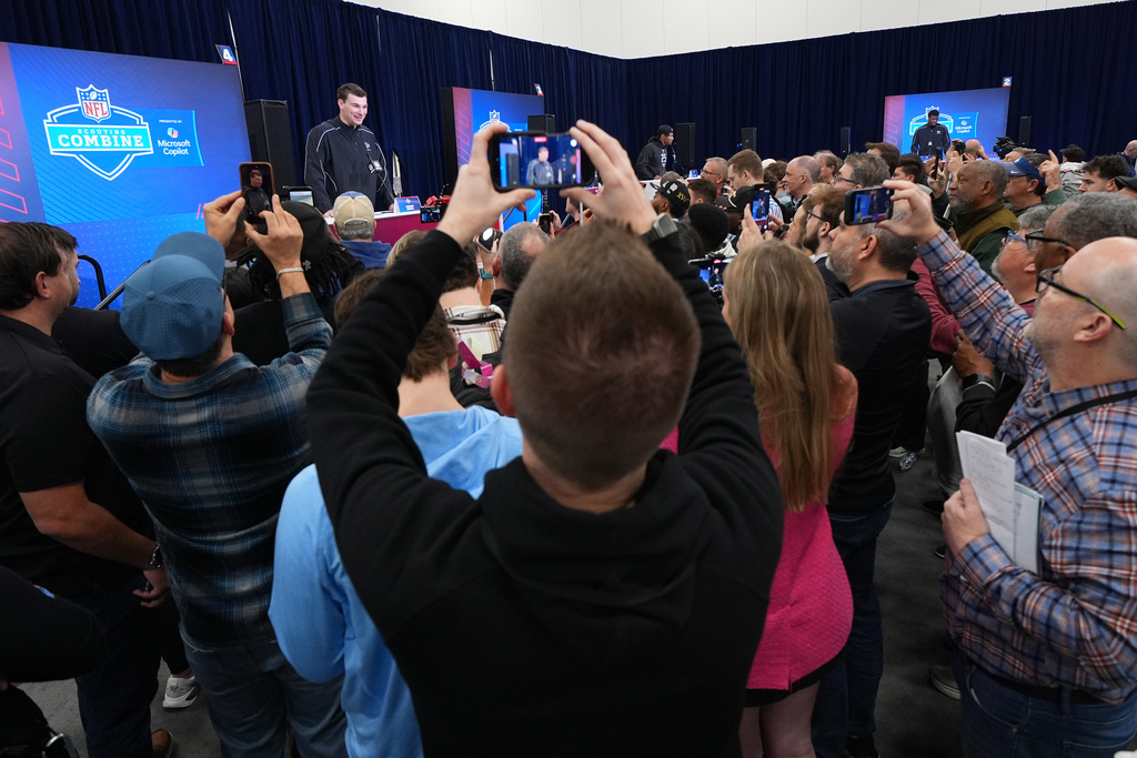 Indiana quarterback Fernando Mendoza, speaks during a news conference at the NFL football scouting combine in Indianapolis, Friday, Feb. 27, 2026. (AP Photo/Julio Cortez)