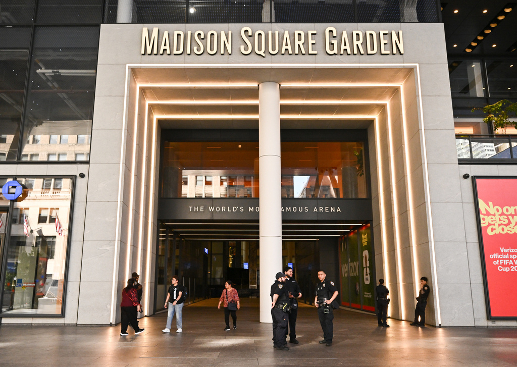 A view outside Madison Square Garden ahead of a reported wedding between singer Taylor Swift and National Football League player Travis Kelce on Thursday, July 2, 2026, in New York. (Photo by Evan Agostini/Invision/AP)
