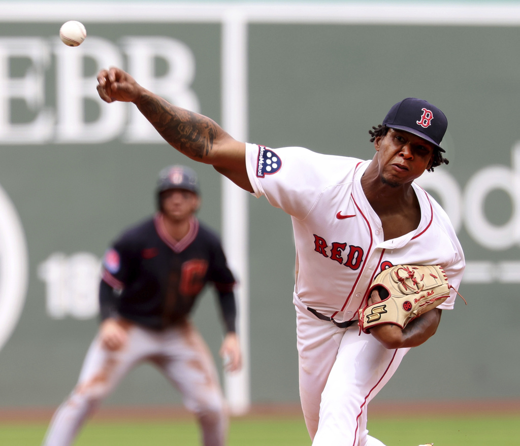 Boston Red Sox pitcher Brayan Bello throws during the first inning of a baseball game against the Cleveland Guardians, Monday, Sept. 1, 2025, in Boston. (AP Photo/Mark Stockwell)