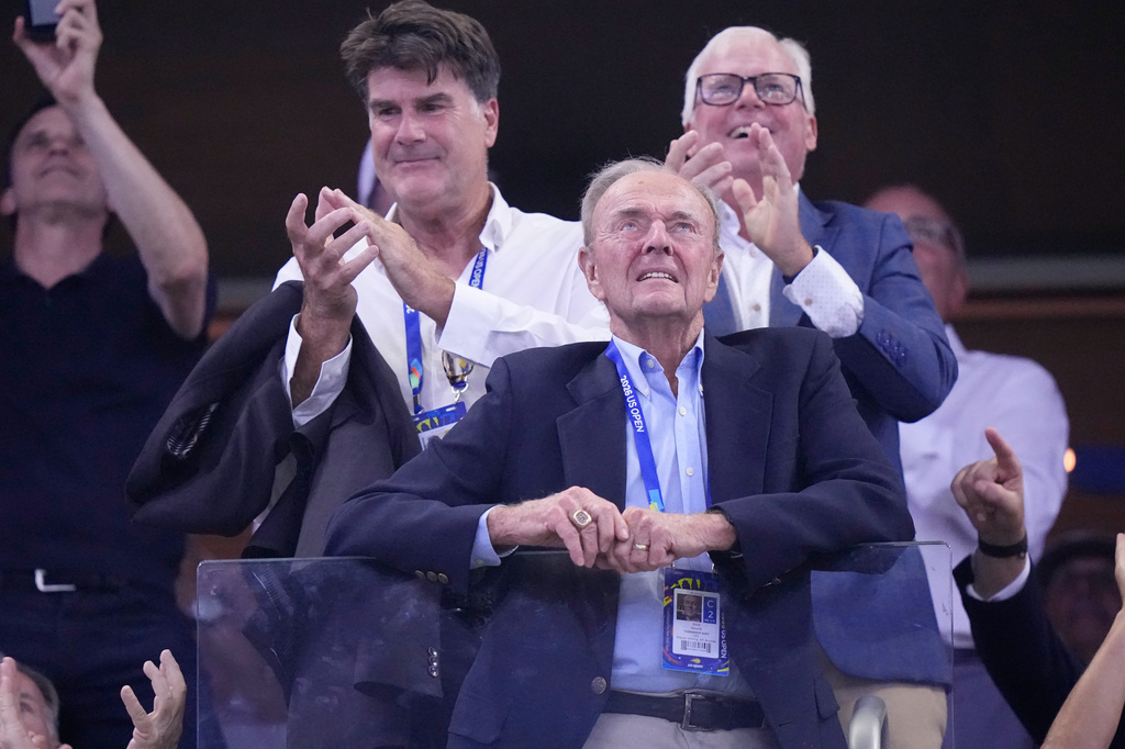 Dick Gould, a 17-time champion coach at Stanford, looks on as he is honored at the U.S. Open tennis championships, Saturday, Sept. 5, 2026, in New York. (AP Photo/Frank Franklin II)