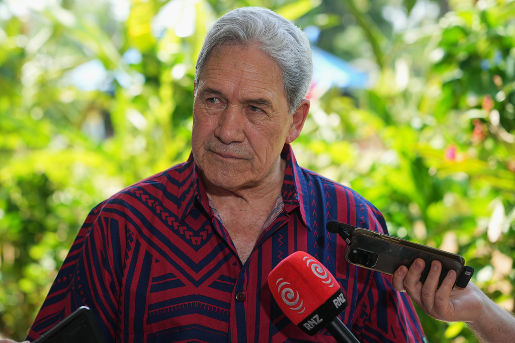 New Zealand Foreign Minister Winston Peters speaks to reporters at the Pacific Islands Forum Leaders Meeting in Koror, Palau, Sunday, Aug. 30, 2026. (AP Photo/Charlotte Graham-McLay)