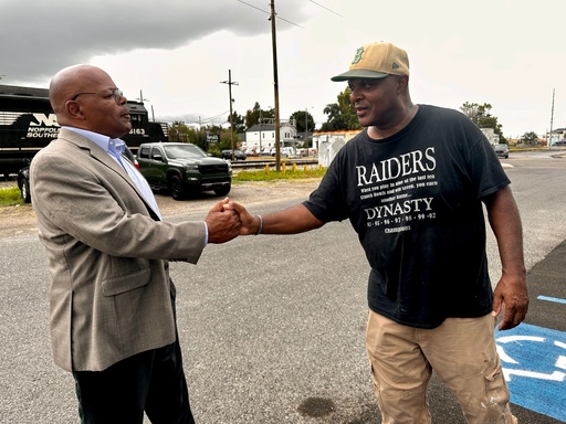 Orleans Parish Clerk of Court Candidate Calvin Duncan, left, shakes hands with Raymond Flanks Sept. 25, 2025 in New Orleans. Flanks was released from prison in 2022 after a judge vacated Flanks' conviction in a 1983 murder ending his nearly four decades in prison. (AP Photo/Stephen Smith) Orleans Parish Clerk of Court Candidate Calvin Duncan, left, shakes hands with Raymond Flanks Sept. 25, 2025 in New Orleans. Flanks was released from prison in 2022 after a judge vacated Flanks' conviction in a 1983 murder ending his nearly four decades in prison. (AP Photo/Stephen Smith)