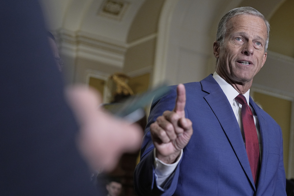 Sen. Majority Leader John Thune, R-S.D., speaks during a news conference after a policy luncheon at the Capitol, Tuesday, Sept. 16, 2025, in Washington. (AP Photo/Mariam Zuhaib)