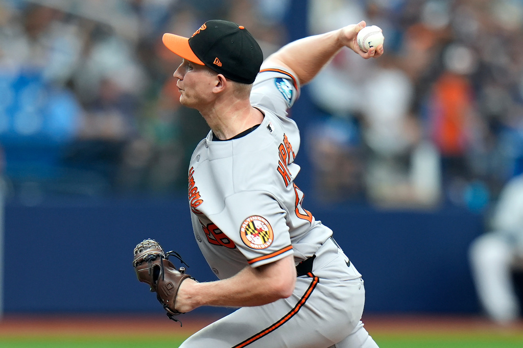 Baltimore Orioles' Alex Hoppe pitches to the Tampa Bay Rays during the seventh inning of a baseball game Sunday, Aug. 16, 2026, in St. Petersburg, Fla. (AP Photo/Chris O'Meara)