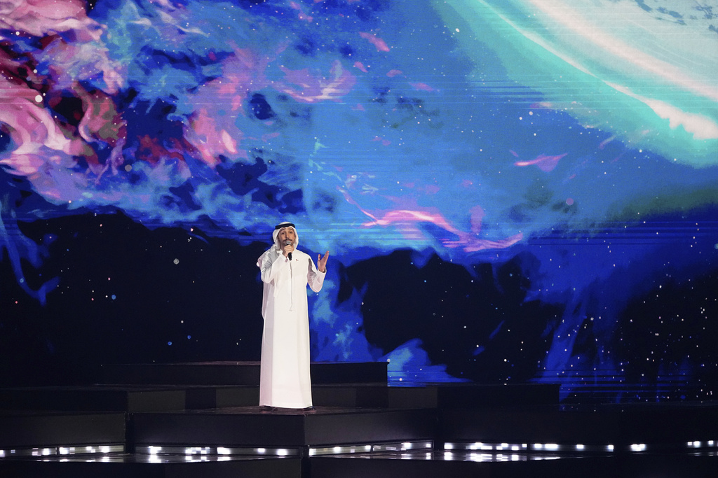 United Arab Emirates's Saif Alali performs the song "A Call for Peace" at the International Music Competition "Intervision" at the Live Arena outside Moscow, Russia, Saturday, Sept. 20, 2025. (AP Photo/Alexander Zemlianichenko)