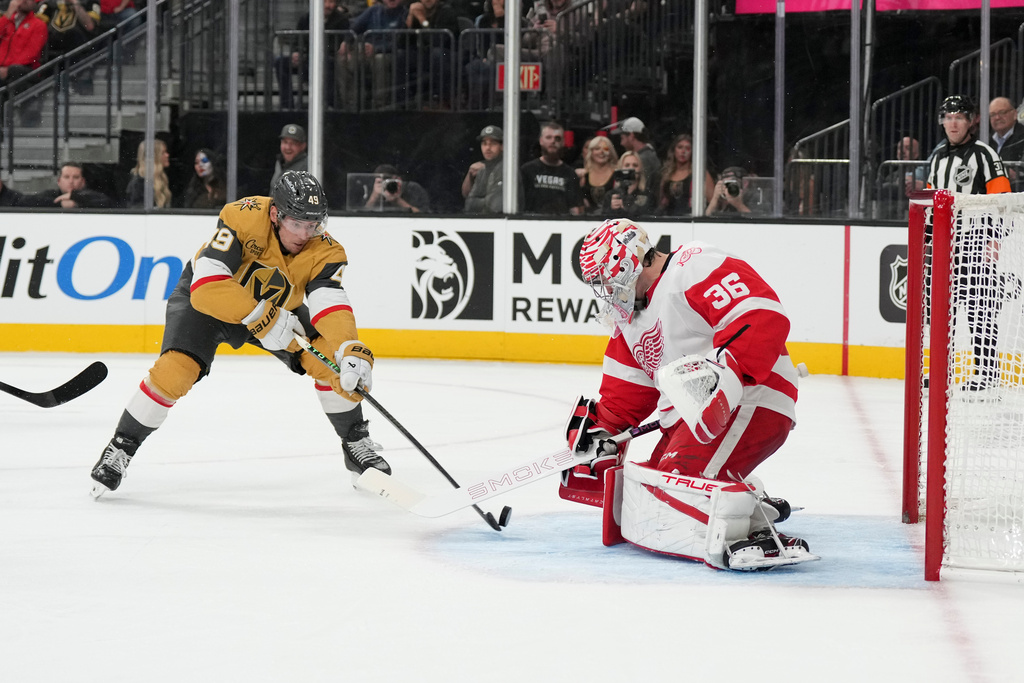 Vegas Golden Knights left wing Ivan Barbashev (49) scores on Detroit Red Wings goaltender John Gibson (36) in the second period of an NHL hockey game Tuesday, Nov. 4, 2025, in Las Vegas. (AP Photo/Candice Ward)