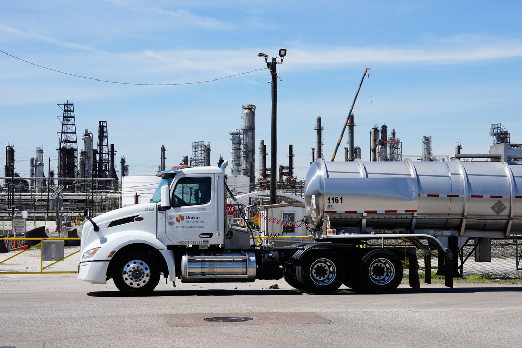 FILE - A truck passes LyondellBasell Houston Refinery on March 17, 2026, in Houston. (AP Photo/Ashley Landis, File)