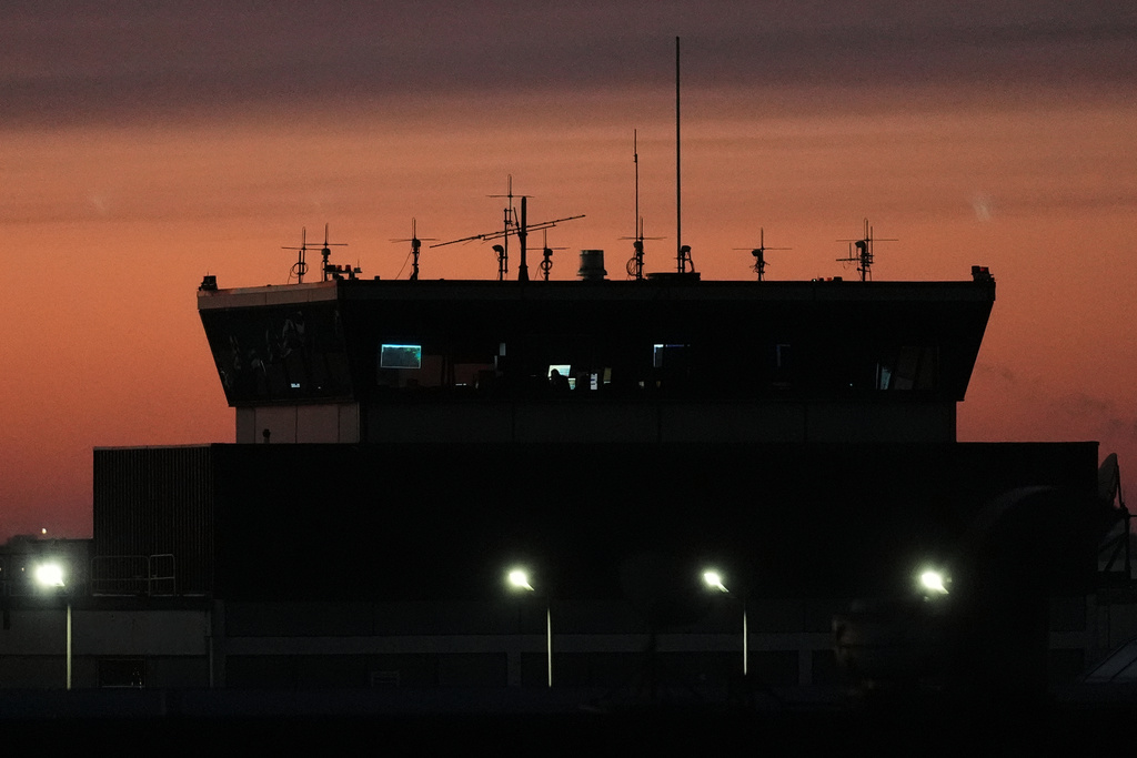 An air traffic control tower is seen at O'Hare International Airport in Chicago, Wednesday, Nov. 12, 2025. (AP Photo/Nam Y. Huh)