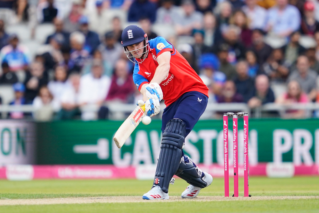 FILE - England's captain Harry Brook,plays a shot during the second T20 cricket match between England and India in Manchester, England, Saturday, July 4, 2026. (AP Photo/Dave Thompson, File)
