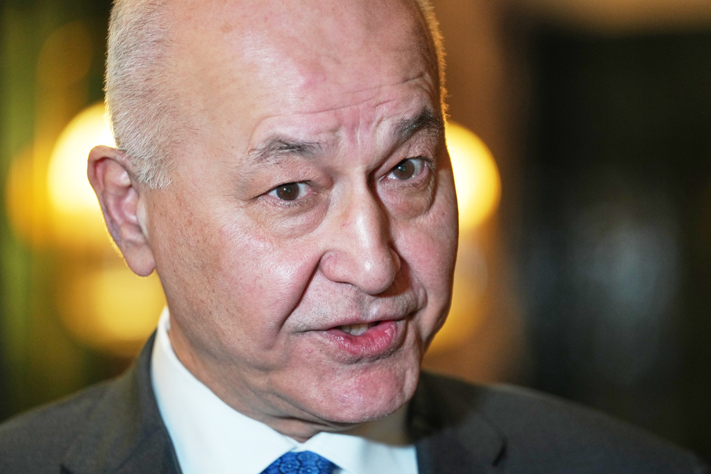 UNCHR High Commissioner Barham Salih talks during an interview with the Associated Press in Kyiv, Ukraine, Friday, Feb. 20, 2026. (AP Photo/Sergei Grits)