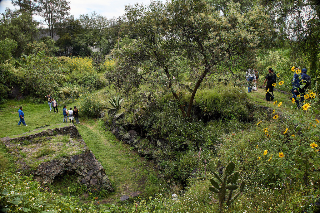 Tourists explore the Cuicuilco Archaeological Zone during a tour organized by the National Institute of Anthropology and History in Mexico City, Sunday, Oct. 5, 2025. (AP Photo/Ginnette Riquelme)