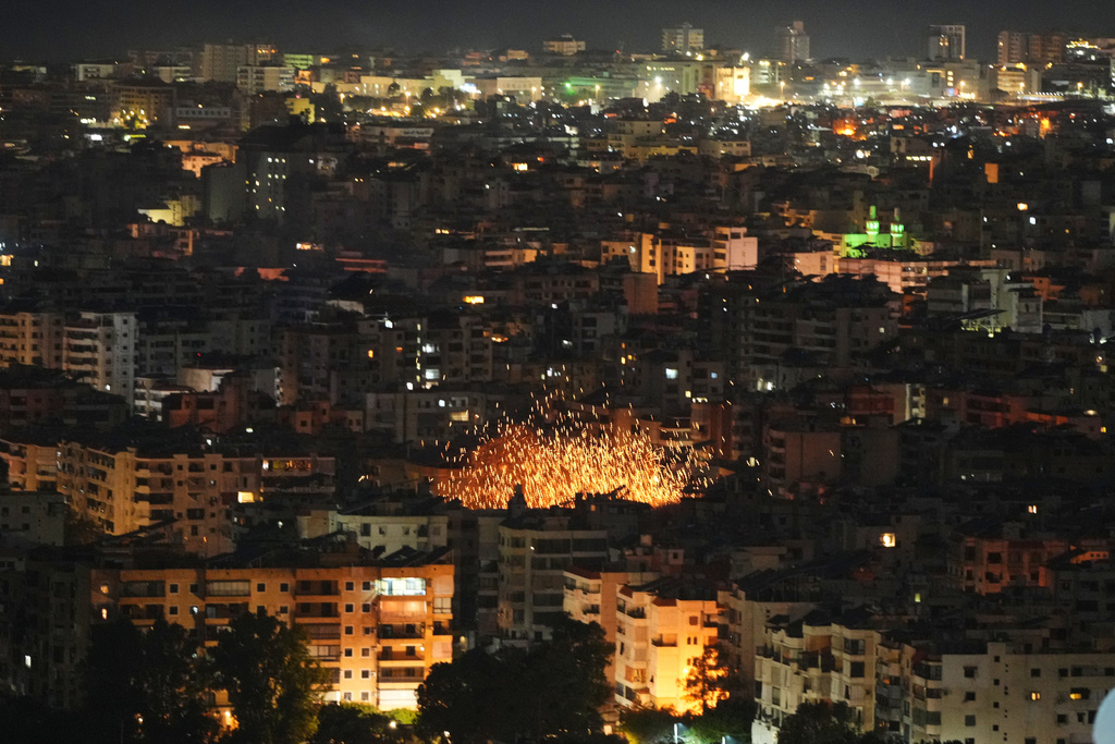 Flames rise following an Israeli airstrike in Dahiyeh, Beirut's southern suburbs, Lebanon, Thursday, March 5, 2026. (AP Photo/Hassan Ammar)